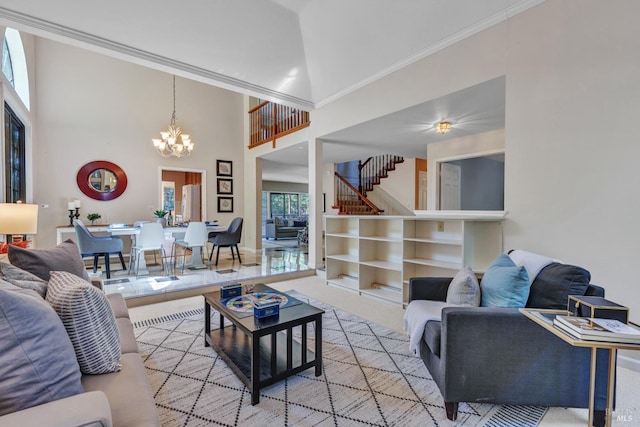 271 Antigua Way, Vallejo, CA 94591 - living room with a chandelier, a towering ceiling, stairs, crown molding, and light carpet