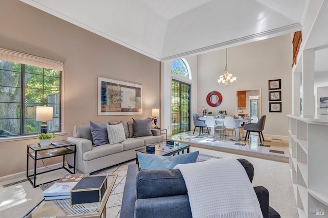 271 Antigua Way, Vallejo, CA 94591 - living room with a chandelier, baseboards, carpet, and crown molding