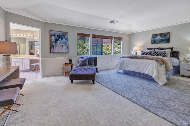 271 Antigua Way, Vallejo, CA 94591 - bedroom featuring light carpet, lofted ceiling, ornamental molding, ensuite bath, and baseboards