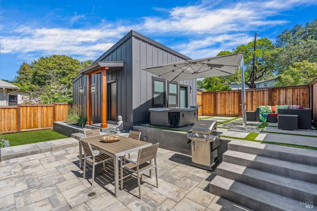 1108 Raymond Ave, Napa, CA 94559 - view of patio featuring an outdoor living space, a hot tub, a grill, a fenced backyard, and outdoor dining area