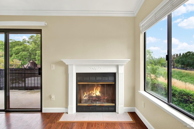 room details featuring a fireplace with flush hearth, baseboards, crown molding, and wood finished floors