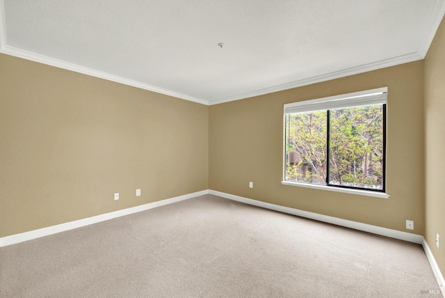 carpeted spare room featuring baseboards and crown molding