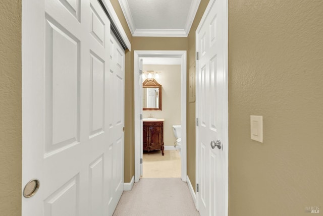 hall with light colored carpet, baseboards, ornamental molding, and a textured wall