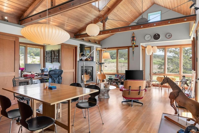 office with high vaulted ceiling, wood finished floors, and wooden ceiling