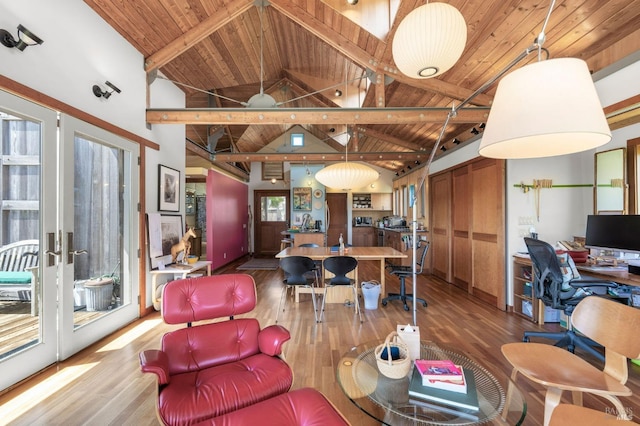 living area with french doors, high vaulted ceiling, wood ceiling, beamed ceiling, and wood finished floors