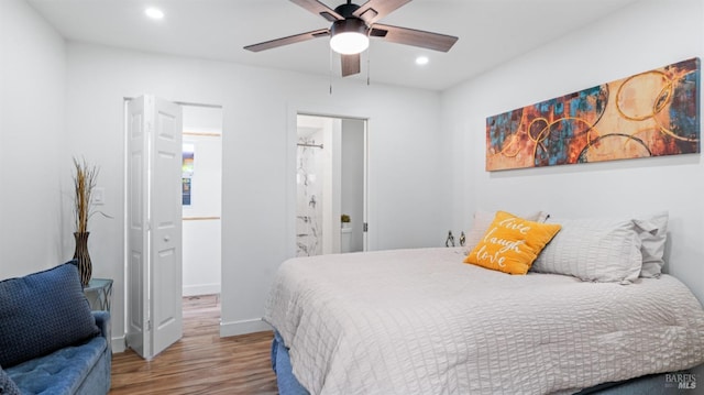 bedroom featuring recessed lighting, ceiling fan, baseboards, and wood finished floors