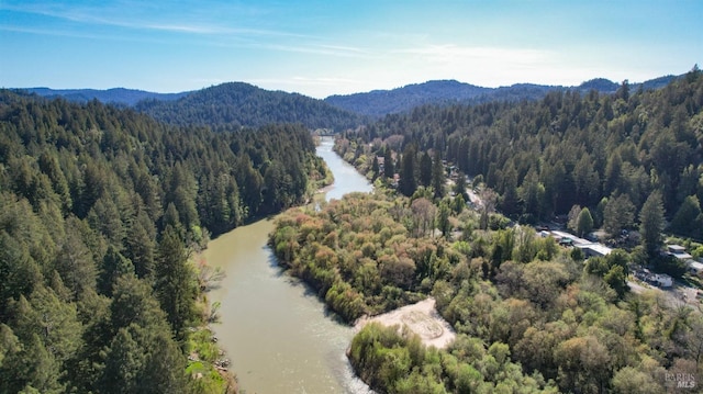 aerial view with a view of trees and a water and mountain view