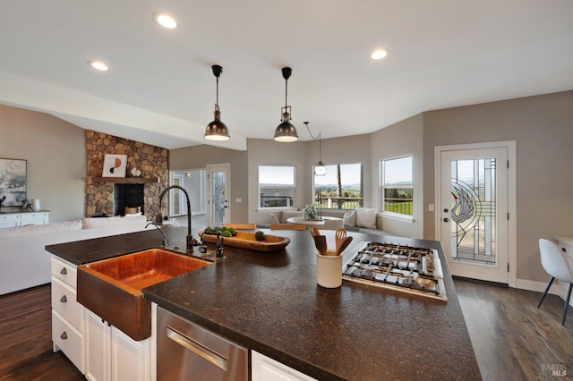 146 Shelina Vista Ln, Petaluma, CA 94952 - kitchen with a sink, open floor plan, a stone fireplace, and dark wood-style floors