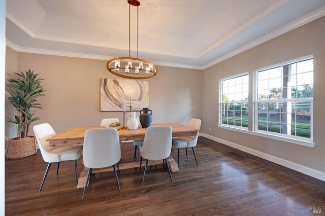 146 Shelina Vista Ln, Petaluma, CA 94952 - dining space featuring a tray ceiling, a chandelier, dark wood-style flooring, and baseboards