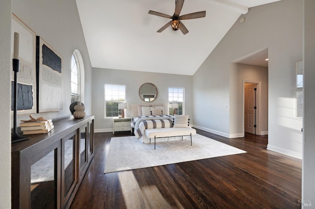 146 Shelina Vista Ln, Petaluma, CA 94952 - bedroom with ceiling fan, high vaulted ceiling, baseboards, and dark wood-style floors