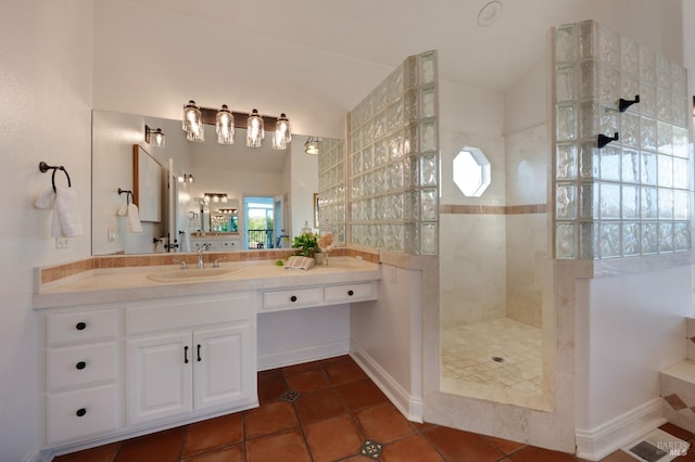146 Shelina Vista Ln, Petaluma, CA 94952 - full bathroom featuring tile patterned flooring, vanity, walk in shower, and lofted ceiling
