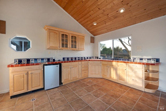 146 Shelina Vista Ln, Petaluma, CA 94952 - kitchen featuring wooden ceiling, tile countertops, refrigerator, and light brown cabinets