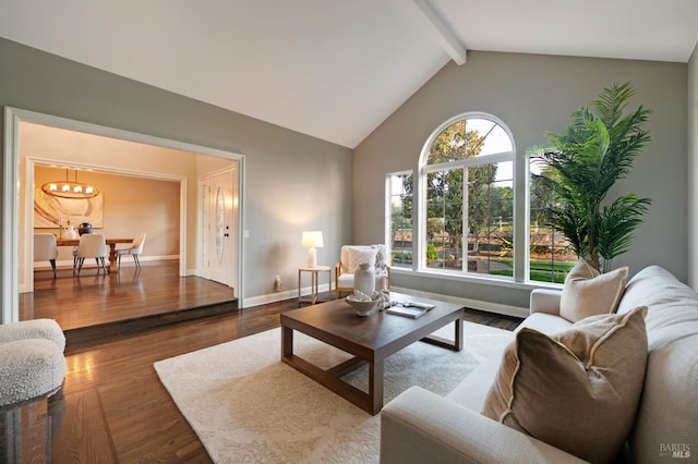 146 Shelina Vista Ln, Petaluma, CA 94952 - living area with baseboards, a chandelier, beam ceiling, wood finished floors, and high vaulted ceiling