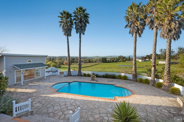 146 Shelina Vista Ln, Petaluma, CA 94952 - pool featuring an exterior structure, an outdoor structure, a lawn, a patio area, and fence