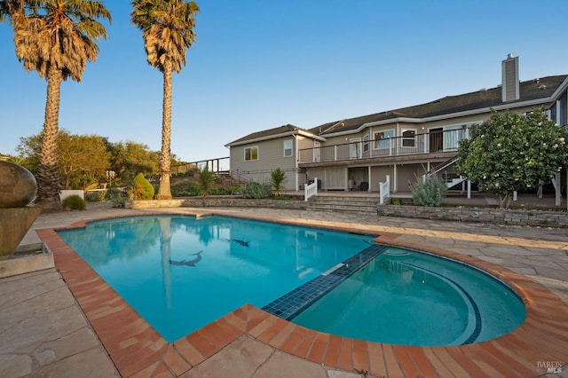 146 Shelina Vista Ln, Petaluma, CA 94952 - view of swimming pool with a patio area, a deck, a pool with connected hot tub, and stairs