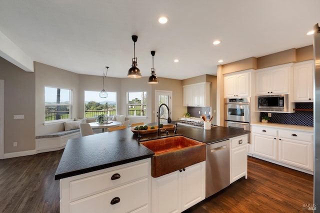 146 Shelina Vista Ln, Petaluma, CA 94952 - kitchen with a sink, dark countertops, stainless steel appliances, dark wood-type flooring, and backsplash