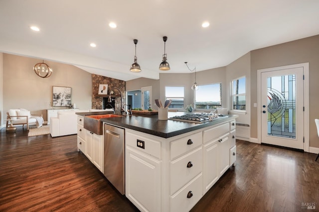 146 Shelina Vista Ln, Petaluma, CA 94952 - kitchen featuring a sink, dark countertops, a kitchen island with sink, dark wood-style floors, and stainless steel appliances