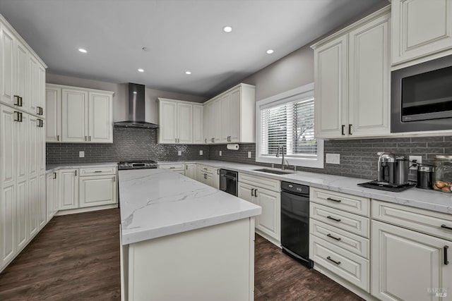 kitchen with stainless steel appliances, a kitchen island, backsplash, a sink, and wall chimney exhaust hood