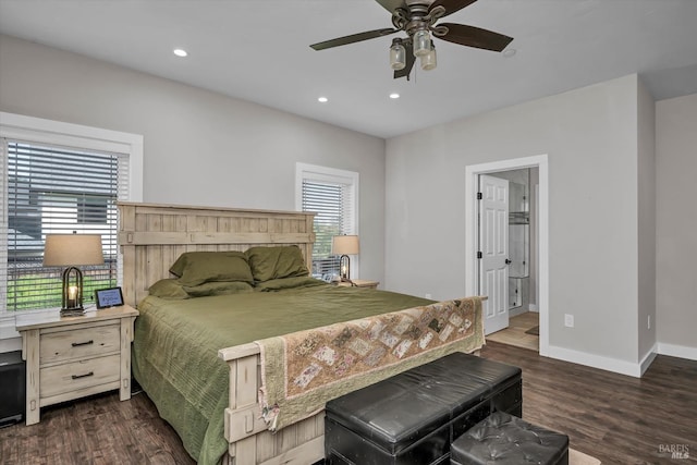 bedroom with baseboards, recessed lighting, ceiling fan, and dark wood-type flooring