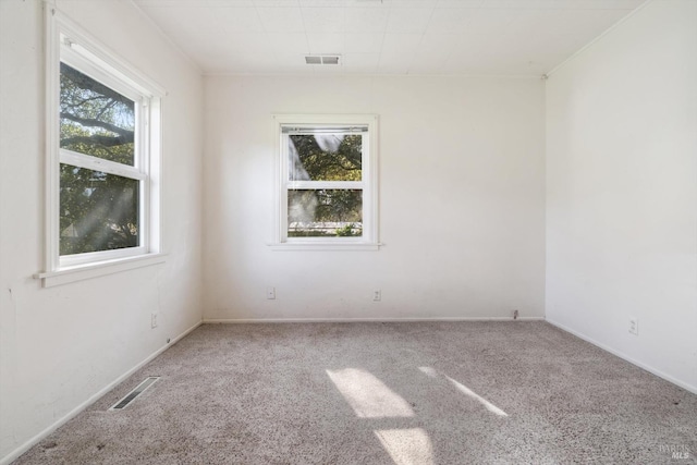 spare room with baseboards, visible vents, and carpet