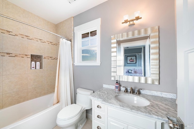 full bathroom with vanity, toilet, and shower / bathtub combination with curtain