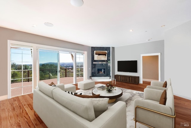 living room with light wood-style floors, baseboards, and a premium fireplace