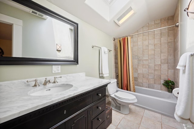 bathroom featuring lofted ceiling, toilet, visible vents, shower / bath combination with curtain, and tile patterned flooring