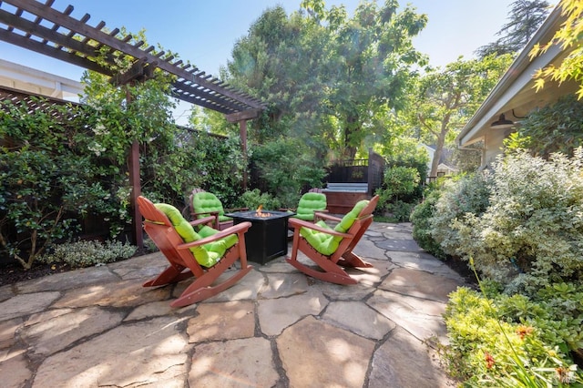view of patio / terrace featuring an outdoor fire pit, a hot tub, a pergola, and fence