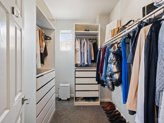 walk in closet with dark colored carpet and radiator