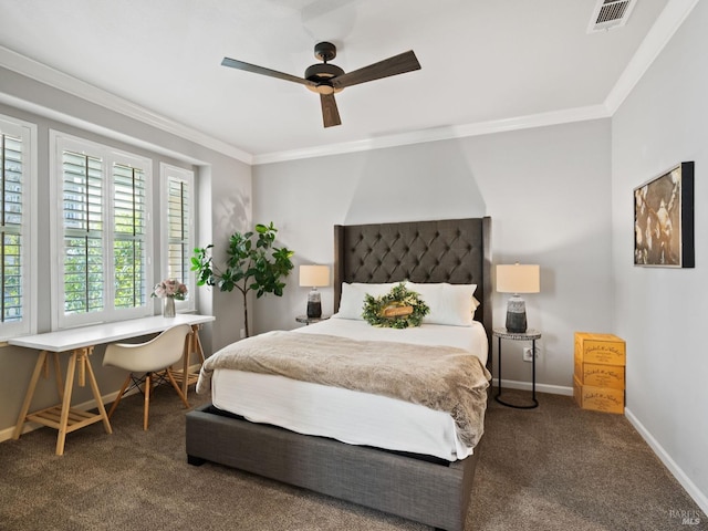 bedroom featuring visible vents, crown molding, baseboards, and carpet floors