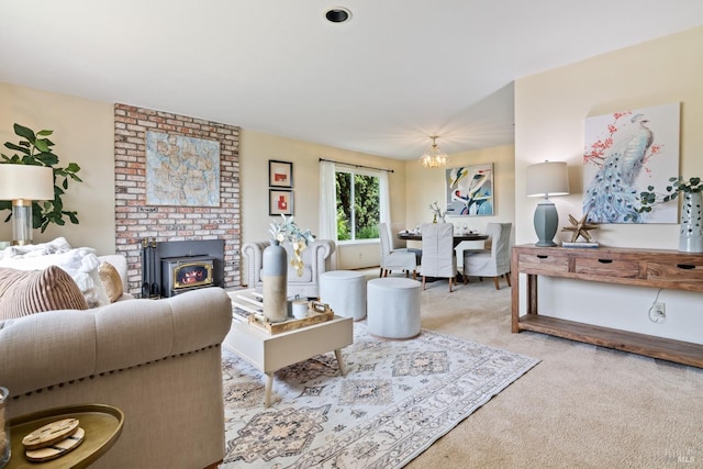 263 Carlisle Way, Benicia, CA 94510 - living area with carpet flooring, a chandelier, and a brick fireplace