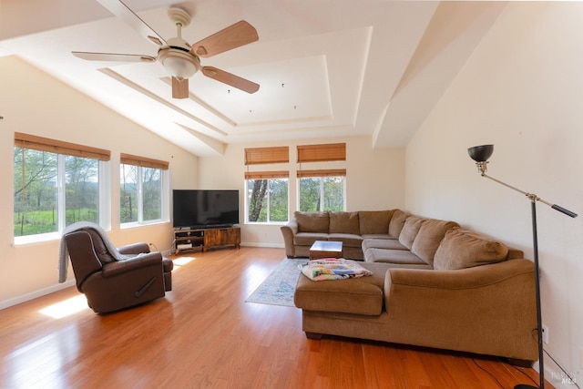 13679 Powerhouse Rd, Potter Valley, CA 95469 - living area featuring a tray ceiling, ceiling fan, light wood-style floors, and baseboards