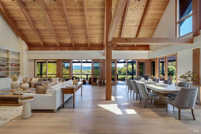 interior space featuring wooden ceiling, light wood finished floors, and a healthy amount of sunlight
