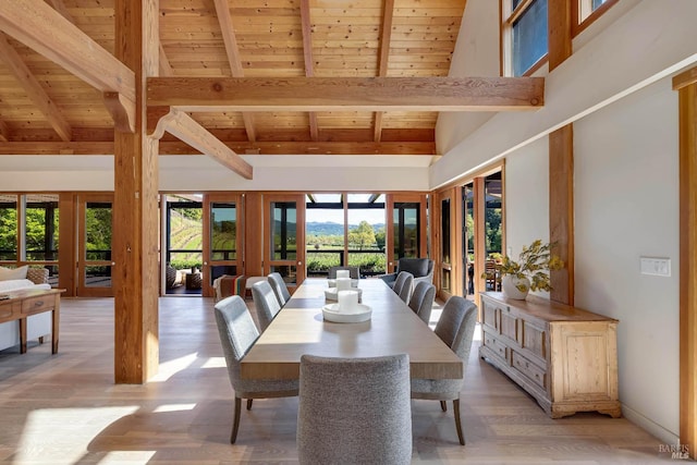 dining space featuring wood ceiling, french doors, high vaulted ceiling, and beam ceiling
