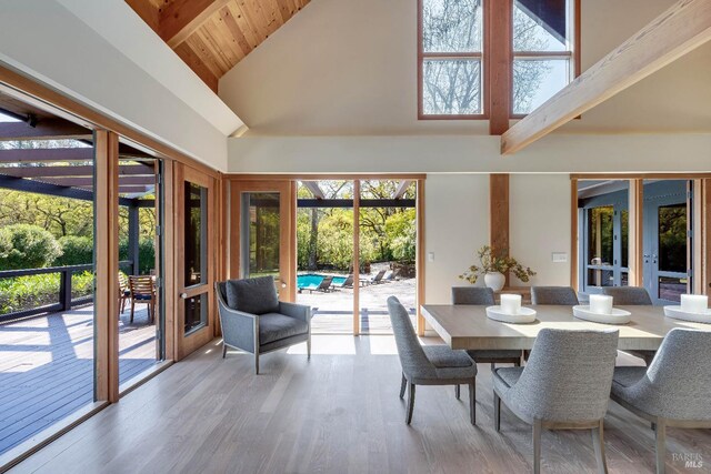 dining room featuring high vaulted ceiling, wooden ceiling, and wood finished floors