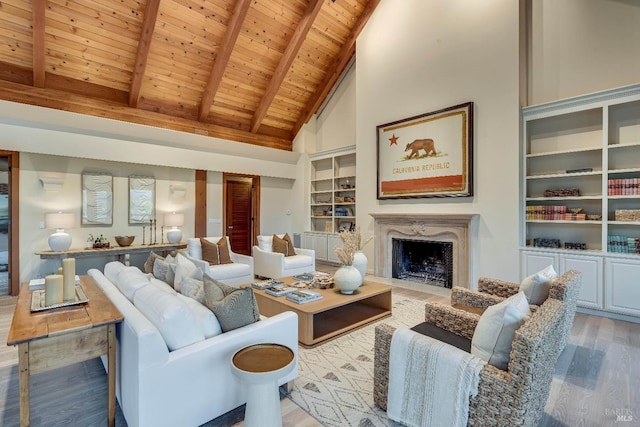 living area featuring high vaulted ceiling, a fireplace, wood ceiling, wood finished floors, and beam ceiling