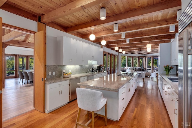kitchen featuring tasteful backsplash, french doors, light wood-type flooring, and wooden ceiling