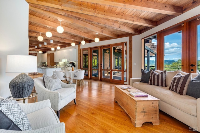 interior space featuring light wood-type flooring, wooden ceiling, beamed ceiling, and plenty of natural light