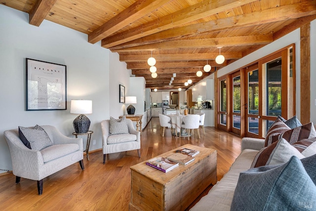 living area with wooden ceiling, beam ceiling, and wood finished floors
