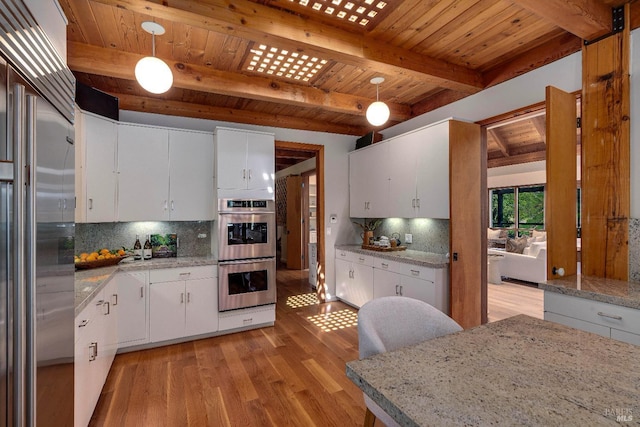 living room featuring french doors, light wood-type flooring, wooden ceiling, and beam ceiling