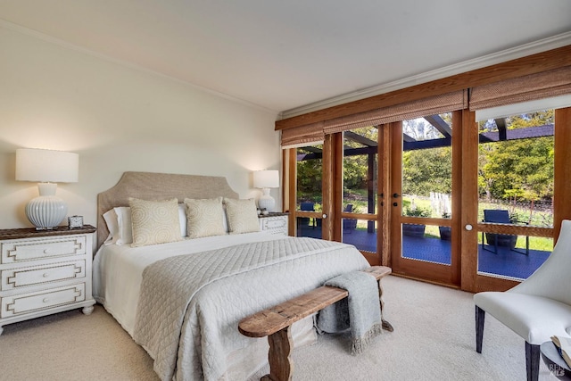bedroom with access to exterior, light colored carpet, and crown molding