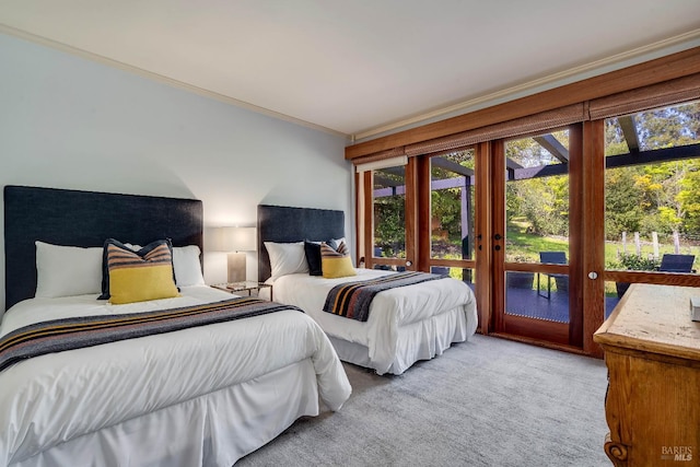 bedroom featuring crown molding, access to exterior, and light colored carpet