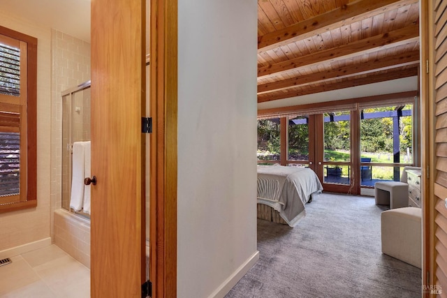 bedroom with carpet flooring, french doors, access to outside, and crown molding