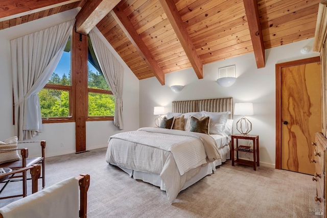 bedroom featuring wooden ceiling, light colored carpet, and beam ceiling