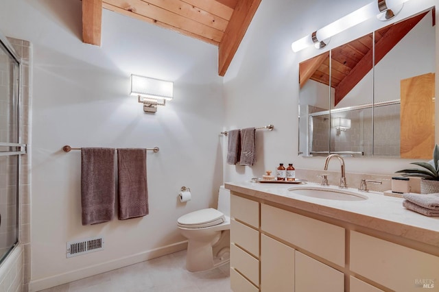 full bathroom with wooden ceiling, toilet, a tile shower, visible vents, and vaulted ceiling with beams