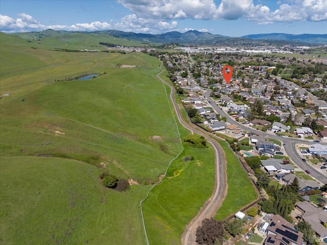birds eye view of property with a water and mountain view and a residential view