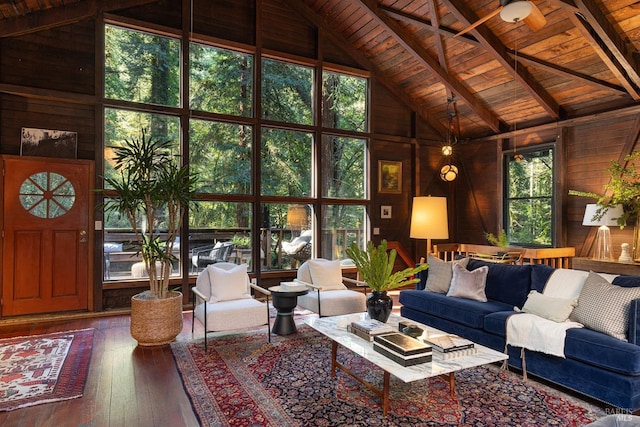 living area featuring wood ceiling, hardwood / wood-style flooring, beam ceiling, wooden walls, and high vaulted ceiling