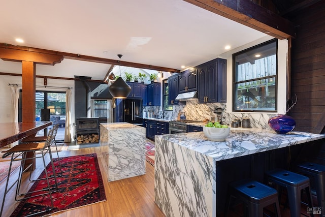 kitchen featuring tasteful backsplash, a wood stove, under cabinet range hood, light wood-type flooring, and black fridge