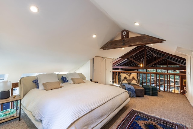 bedroom featuring lofted ceiling, recessed lighting, and carpet floors