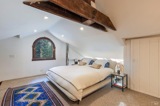 carpeted bedroom featuring lofted ceiling and recessed lighting